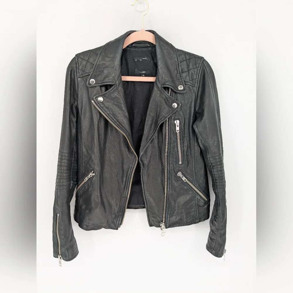 Black Genuine Lambskin Leather Moto Jacket Womens XS Double Zip Slim Biker Chic - Picture 10 of 15